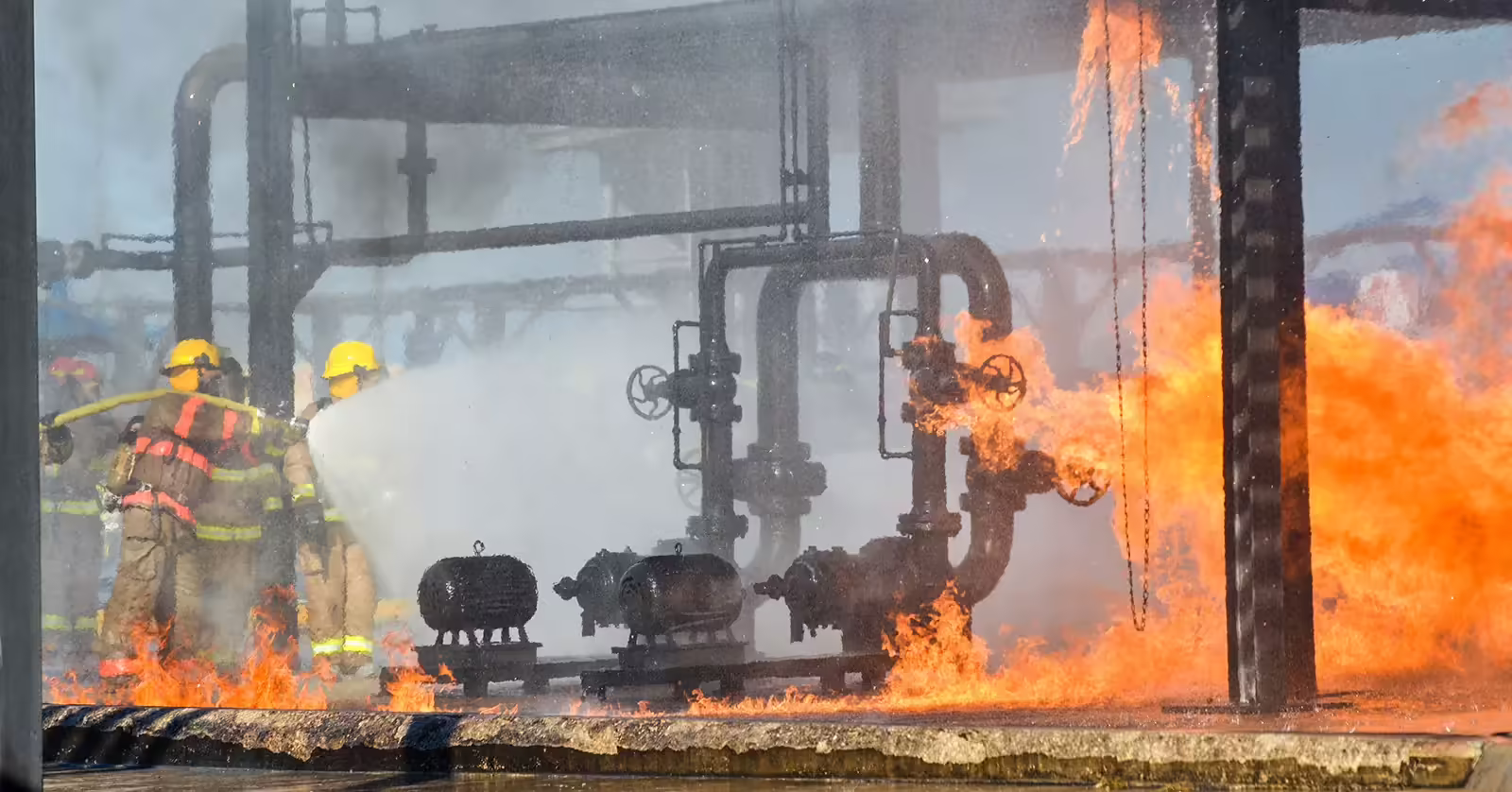 Group of firefighters at an oil field site -consulting with work injury lawyers for work accidents.