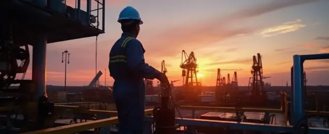 Oilfield worker wearing safety gear while working amidst drilling equipment in an active oilfield