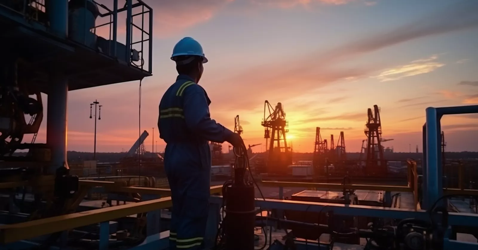 Oilfield worker wearing safety gear while working amidst drilling equipment in an active oilfield