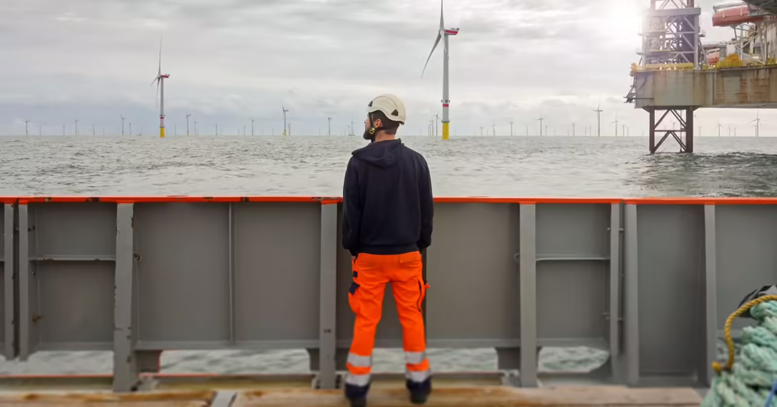Male maritime worker wearing protective equipment while working at sea.